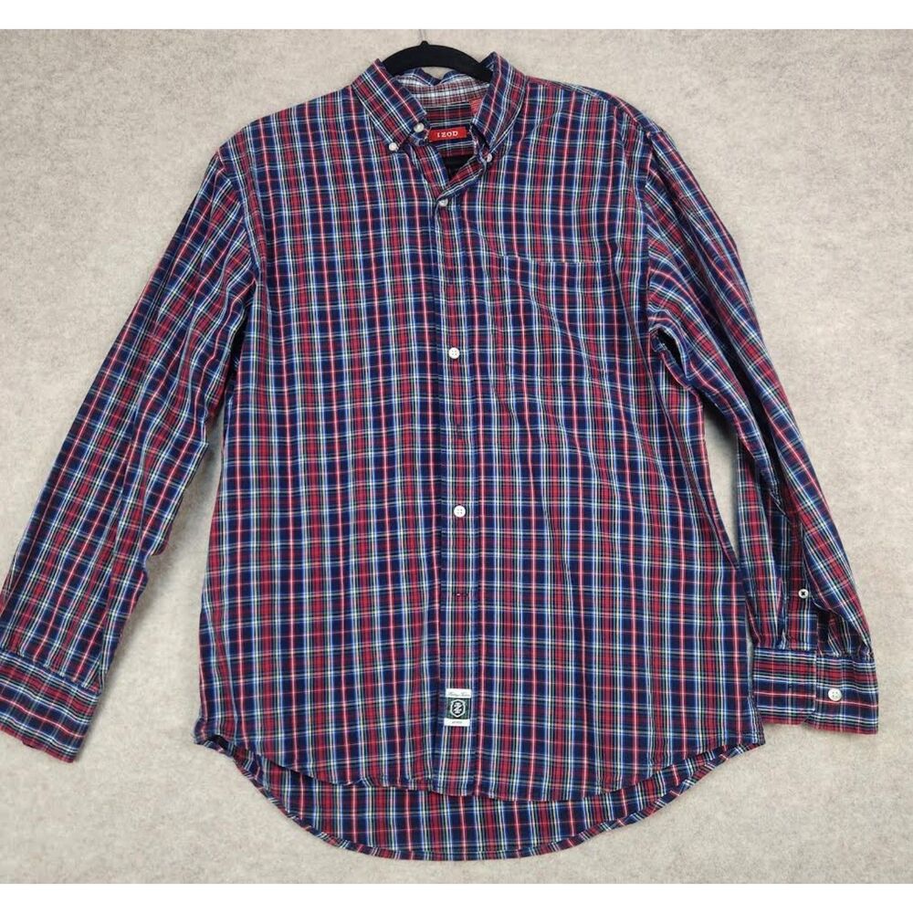 Izod Men's Classic Button-Down Red & Blue Plaid Shirt Size M Medium